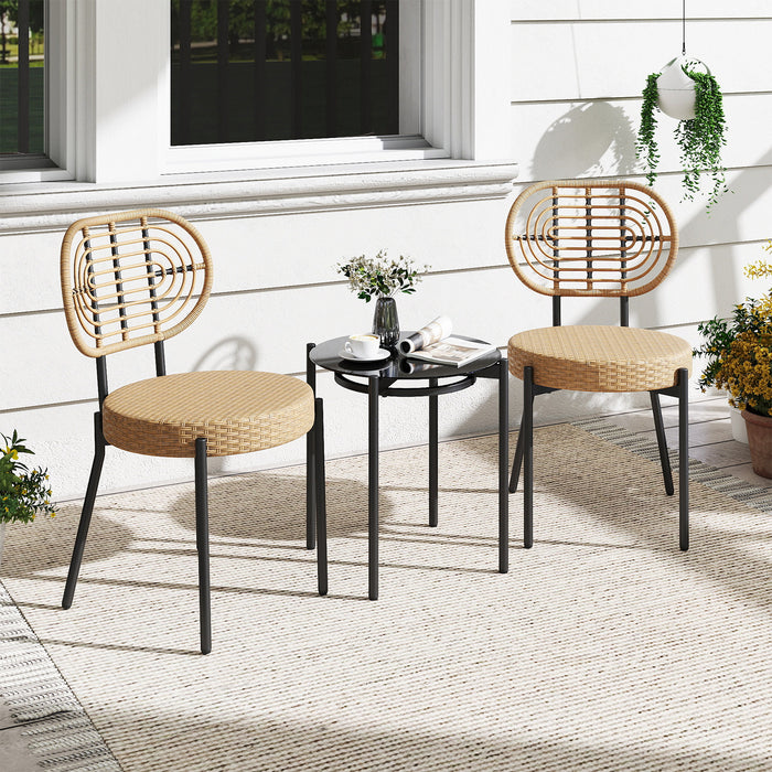 3 Pieces PE Wicker Outdoor Bistro Set Patio Conversation Set with Tempered Glass Coffee Table and Rattan Chairs-