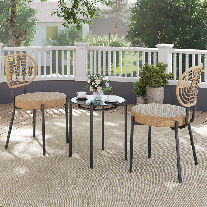 3 Pieces PE Wicker Outdoor Bistro Set Patio Conversation Set with Tempered Glass Coffee Table and Rattan Chairs-
