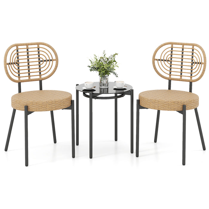 3 Pieces PE Wicker Outdoor Bistro Set Patio Conversation Set with Tempered Glass Coffee Table and Rattan Chairs-