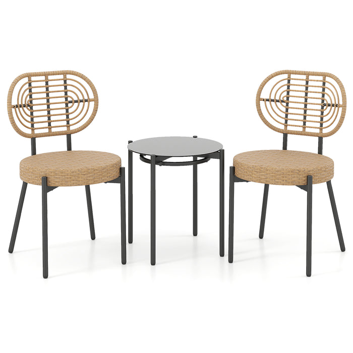 3 Pieces PE Wicker Outdoor Bistro Set Patio Conversation Set with Tempered Glass Coffee Table and Rattan Chairs-