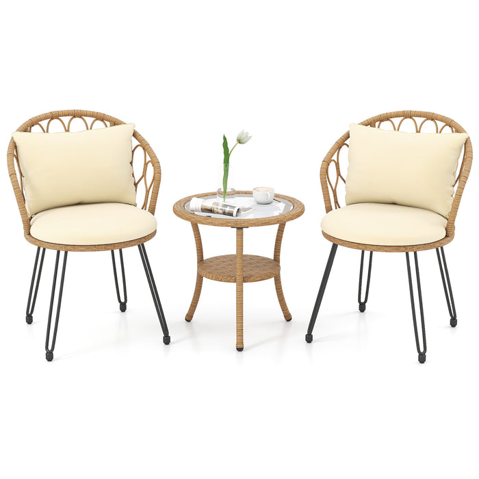 3 Pieces PE Wicker Patio Bistro Set with Cushions for Porch-