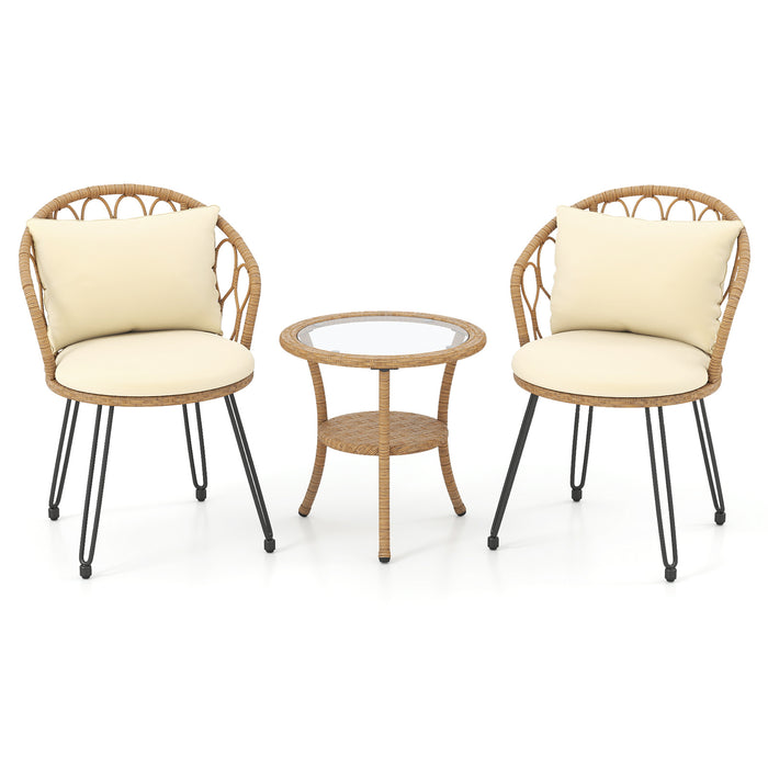 3 Pieces PE Wicker Patio Bistro Set with Cushions for Porch-