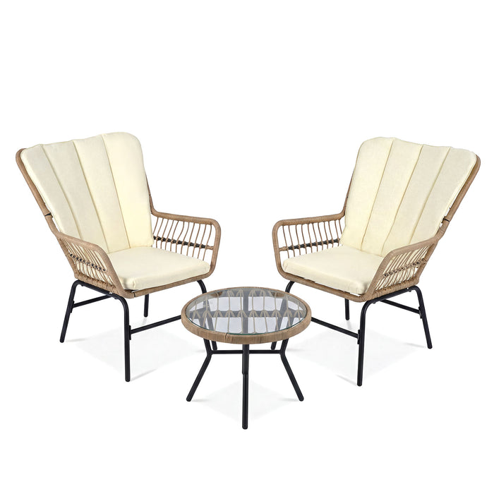 3 Pieces Patio Bistro Set Outdoor PE Wicker Conversation Set with Tempered Glass Coffee Table-