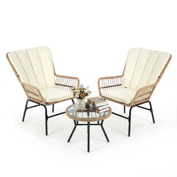 3 Pieces Patio Bistro Set Outdoor PE Wicker Conversation Set with Tempered Glass Coffee Table-