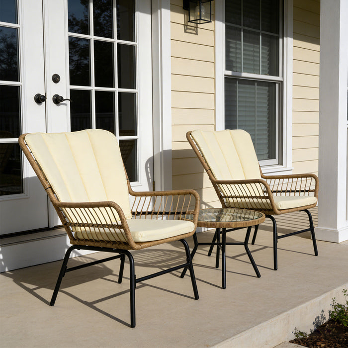 3 Pieces Patio Bistro Set Outdoor PE Wicker Conversation Set with Tempered Glass Coffee Table-