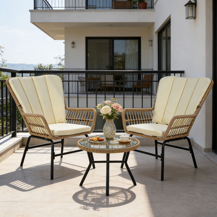 3 Pieces Patio Bistro Set Outdoor PE Wicker Conversation Set with Tempered Glass Coffee Table-