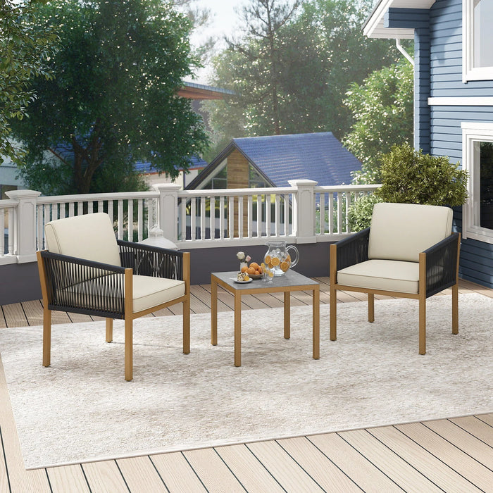 3 Pieces Patio Bistro Set Woven Rope Outdoor Conversation Set with Cushions-