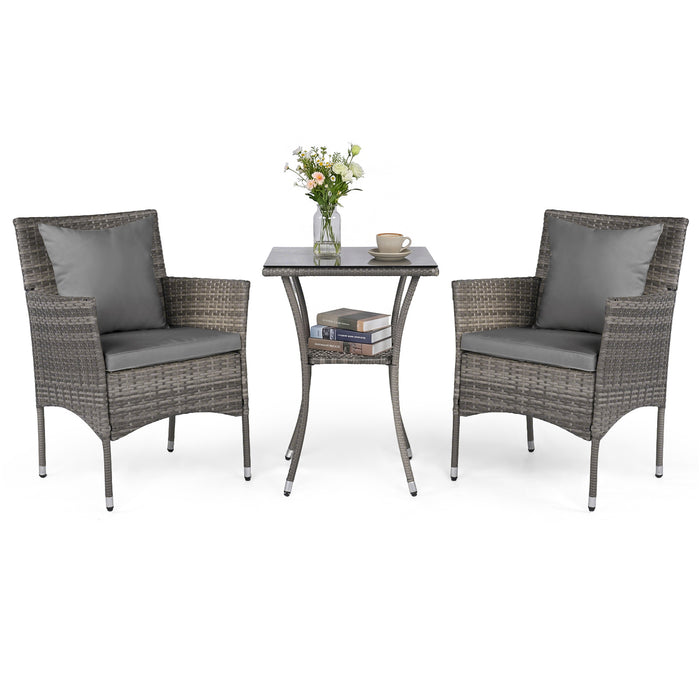 3 Pieces Patio Wicker Bistro Set 2 Rattan Chairs with Double-Tier Tempered Glass Table-Navy