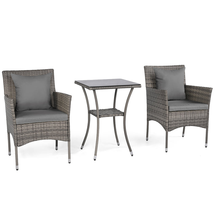 3 Pieces Patio Wicker Bistro Set 2 Rattan Chairs with Double-Tier Tempered Glass Table-Navy