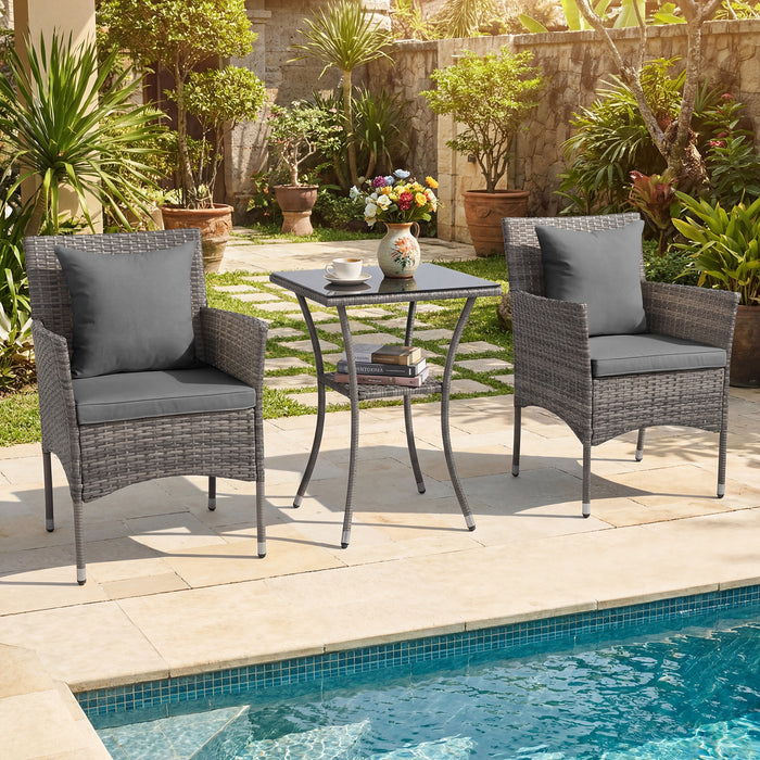 3 Pieces Patio Wicker Bistro Set 2 Rattan Chairs with Double-Tier Tempered Glass Table-Navy