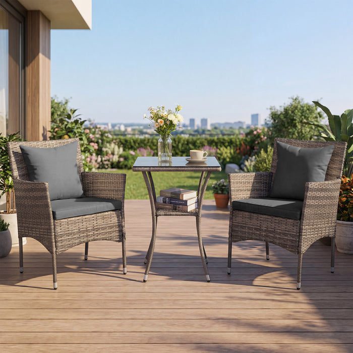 3 Pieces Patio Wicker Bistro Set 2 Rattan Chairs with Double-Tier Tempered Glass Table-Navy