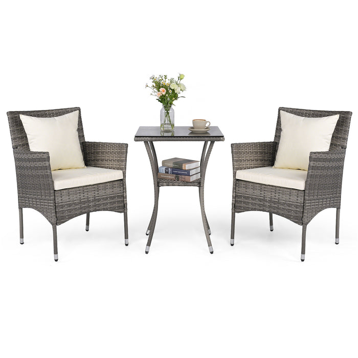 3 Pieces Patio Wicker Bistro Set 2 Rattan Chairs with Double-Tier Tempered Glass Table-Navy