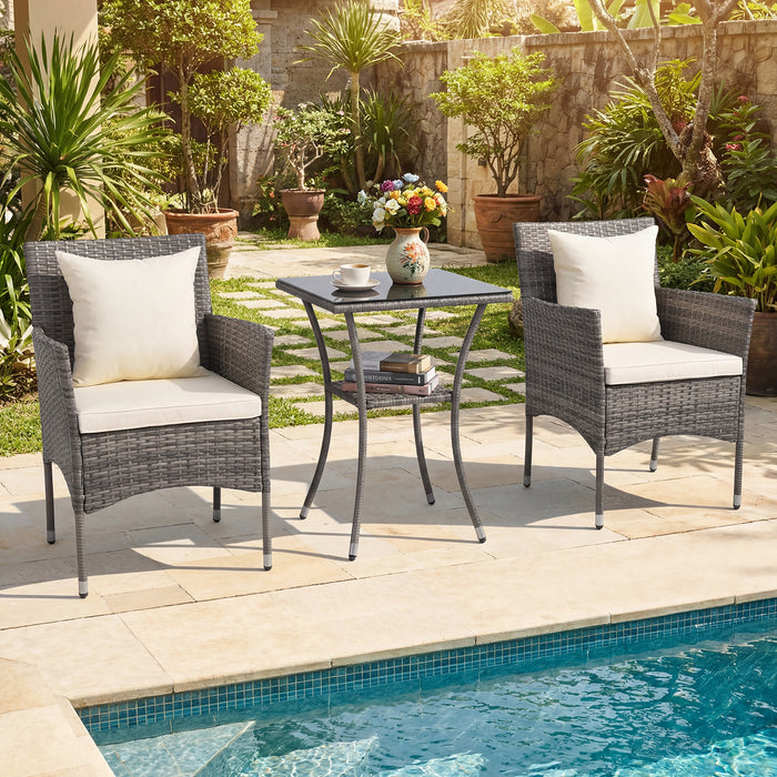 3 Pieces Patio Wicker Bistro Set 2 Rattan Chairs with Double-Tier Tempered Glass Table-Navy