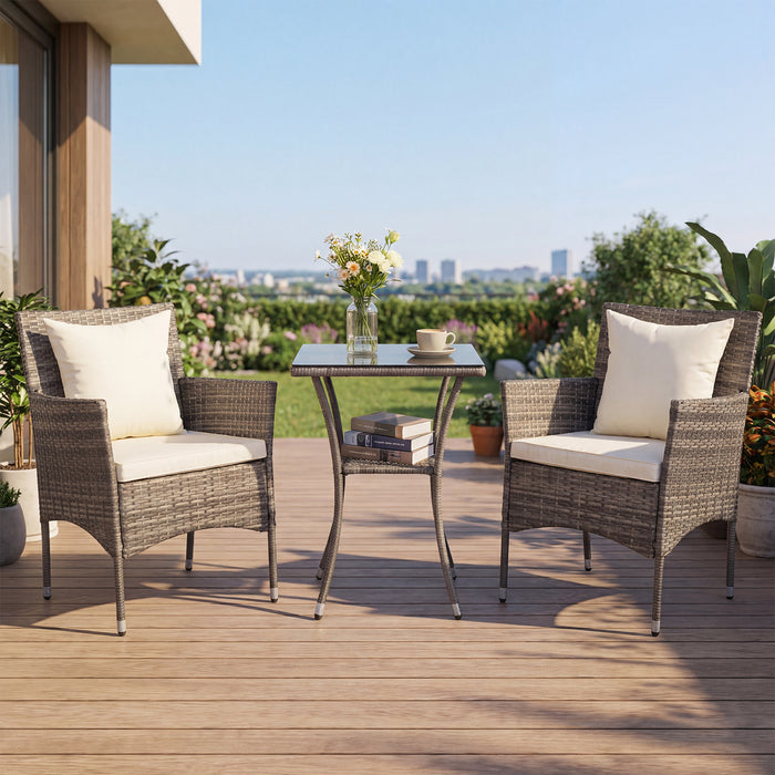 3 Pieces Patio Wicker Bistro Set 2 Rattan Chairs with Double-Tier Tempered Glass Table-Navy