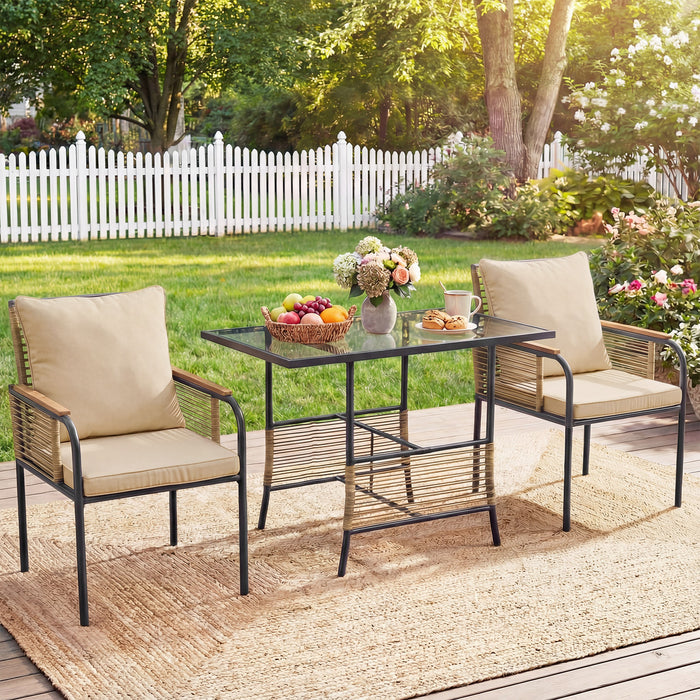 3 Pieces Patio Wicker Bistro Set with Cushions and Rattan Chairs for Balcony-
