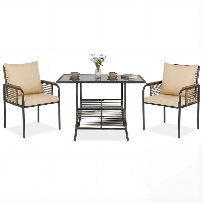 3 Pieces Patio Wicker Bistro Set with Cushions and Rattan Chairs for Balcony-
