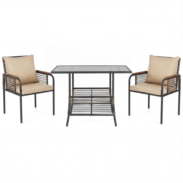 3 Pieces Patio Wicker Bistro Set with Cushions and Rattan Chairs for Balcony-