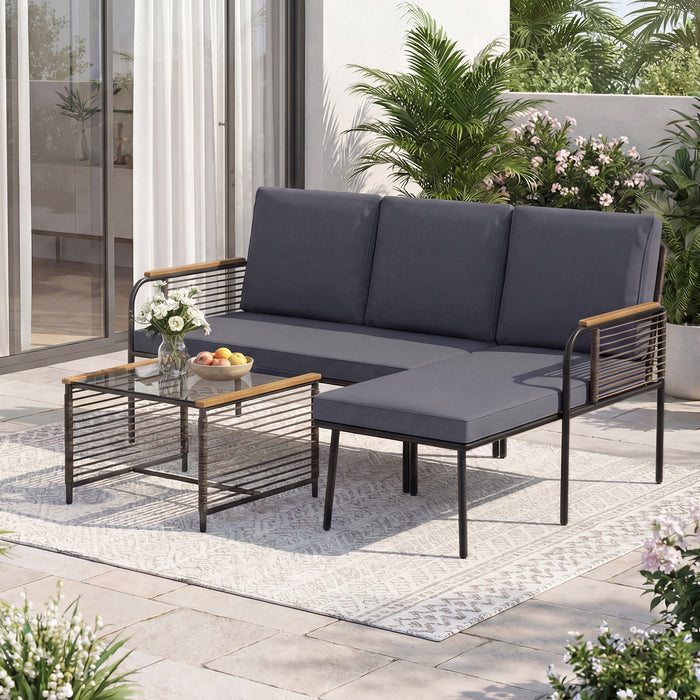 3 Pieces Wicker Furniture Set with Tempered Glass Side Table-