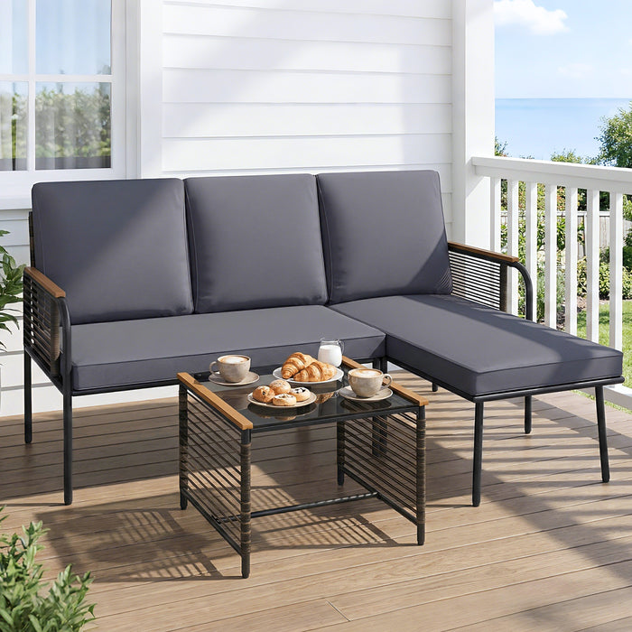 3 Pieces Wicker Furniture Set with Tempered Glass Side Table-
