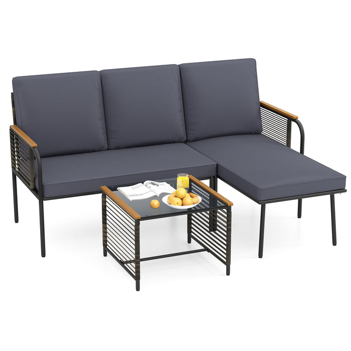 3 Pieces Wicker Furniture Set with Tempered Glass Side Table-
