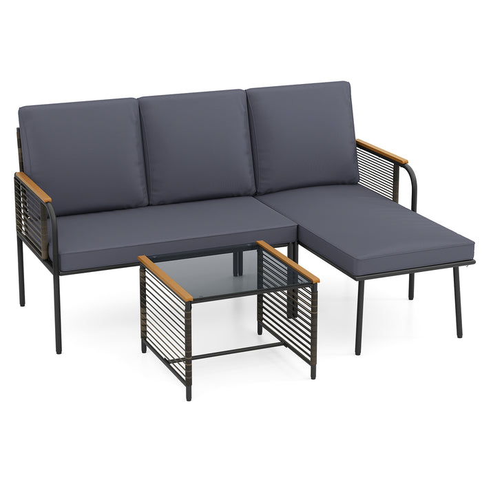 3 Pieces Wicker Furniture Set with Tempered Glass Side Table-