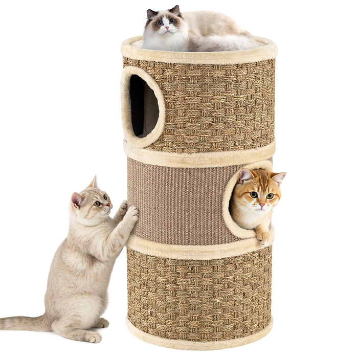3-Story Cat Condo 70CM Multi-level Cat Hideaway with Sisal Scratching Pad-