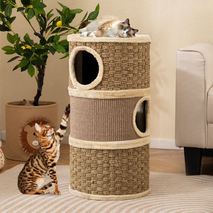 3-Story Cat Condo 70CM Multi-level Cat Hideaway with Sisal Scratching Pad-