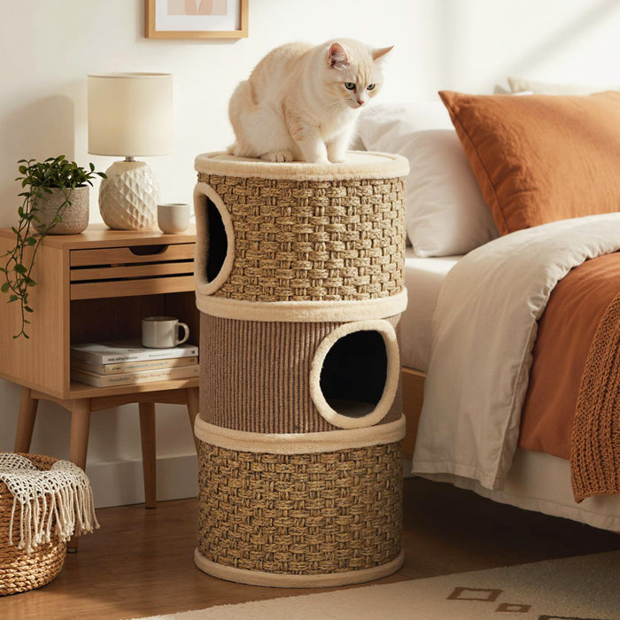 3-Story Cat Condo 70CM Multi-level Cat Hideaway with Sisal Scratching Pad-