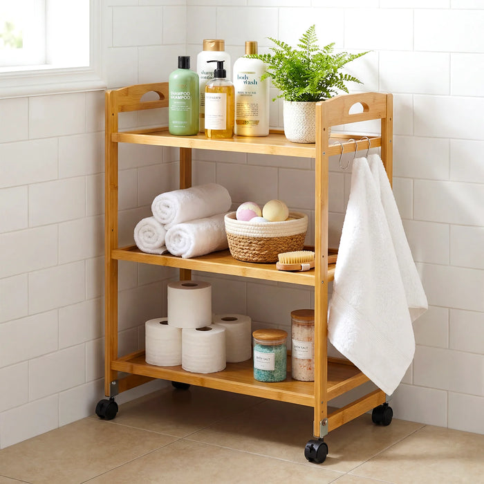 3-Tier Bamboo Rolling Cart with 2 Lockable Wheels and 3 Hooks for Kitchen-Natural