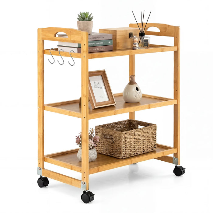 3-Tier Bamboo Rolling Cart with 2 Lockable Wheels and 3 Hooks for Kitchen-Natural