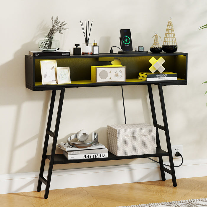 3-Tier Console Table with LED Light and Charging Station-White