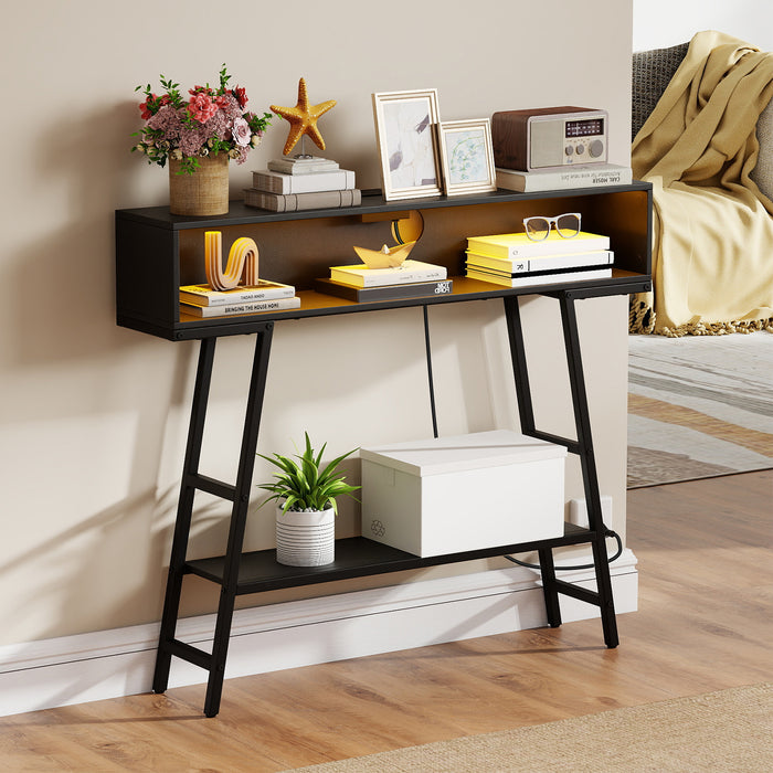 3-Tier Console Table with LED Light and Charging Station-White