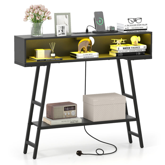 3-Tier Console Table with LED Light and Charging Station-White