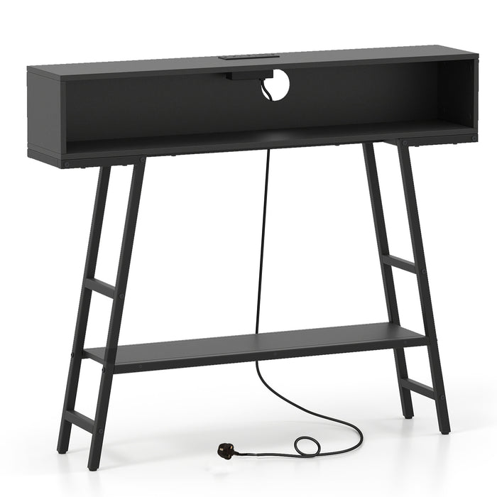 3-Tier Console Table with LED Light and Charging Station-White