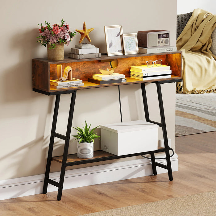3-Tier Console Table with LED Light and Charging Station-White