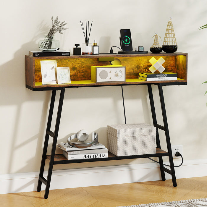 3-Tier Console Table with LED Light and Charging Station-White