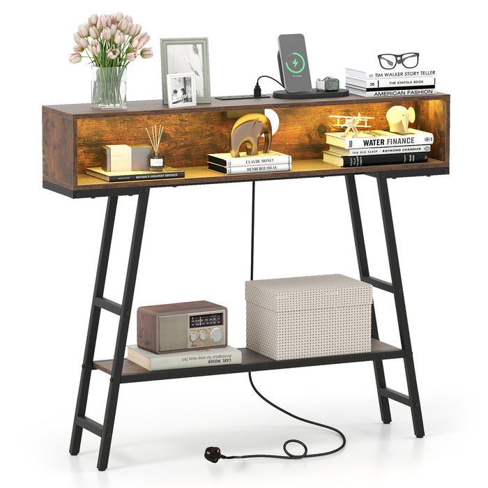 3-Tier Console Table with LED Light and Charging Station-White
