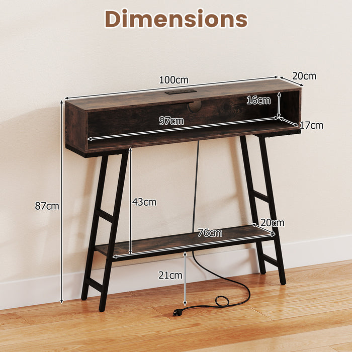 3-Tier Console Table with LED Light and Charging Station-White