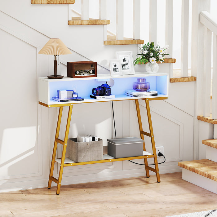 3-Tier Console Table with LED Light and Charging Station-White