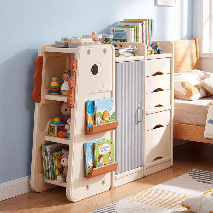 3-Tier Dinosaur Toy Chest with 5 Removable Bins and 2 Shelvesfor Playroom-Beige