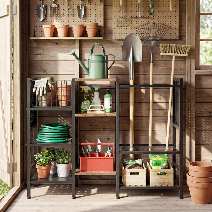 3-Tier  Garden Tool Organizer with Wooden Shelves and Tool Storage Holds up to 66 Long Handled Shovels-Black