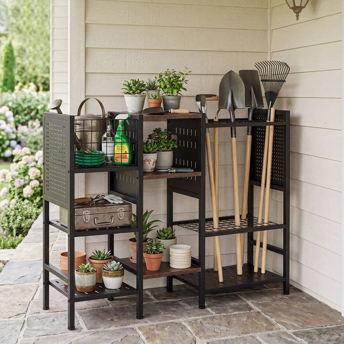 3-Tier  Garden Tool Organizer with Wooden Shelves and Tool Storage Holds up to 66 Long Handled Shovels-Black