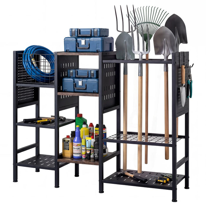 3-Tier  Garden Tool Organizer with Wooden Shelves and Tool Storage Holds up to 66 Long Handled Shovels-Black
