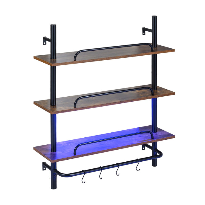 3-Tier Industrial Floating Shelves for Wall with LED Light and Remote APP Control-Black