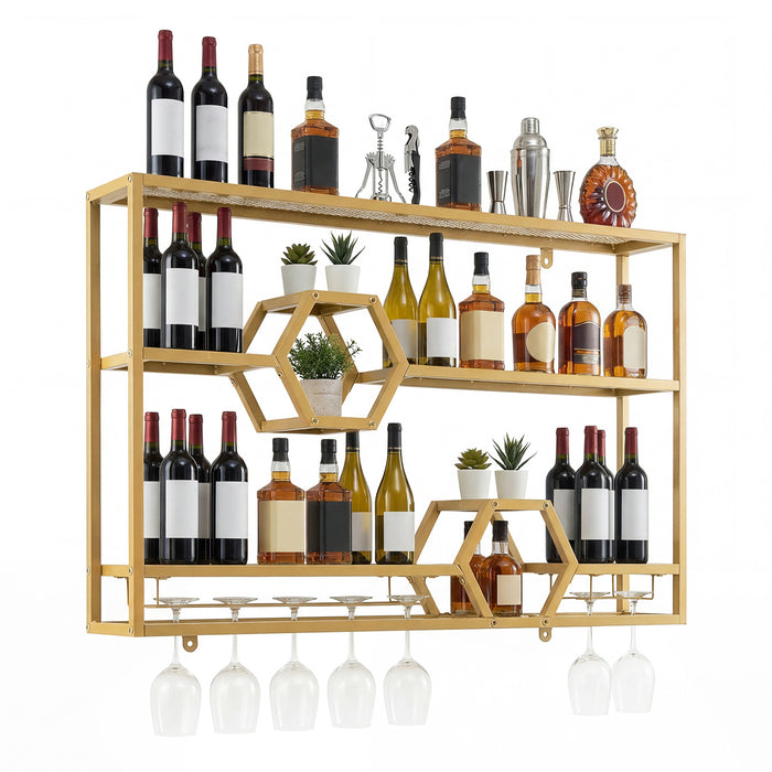 3-Tier Metal Wall Mounted Wine Rack with Glass Holder  for Home Bar-Black