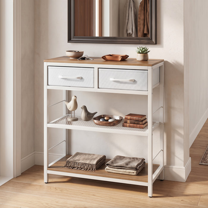 3-Tier Narrow Console Table with 2 Fabric Drawers and Open Shelves-Natrual