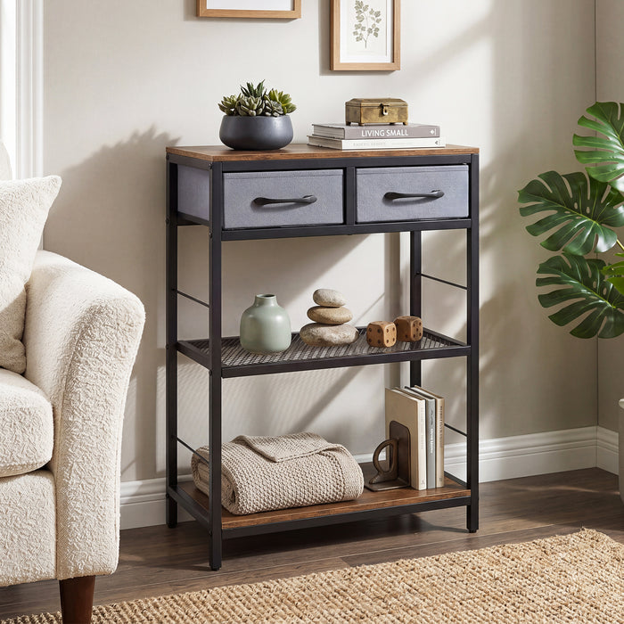 3-Tier Narrow Console Table with 2 Fabric Drawers and Open Shelves-Natrual