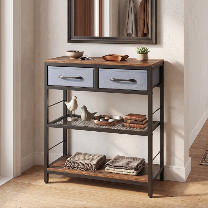 3-Tier Narrow Console Table with 2 Fabric Drawers and Open Shelves-Natrual
