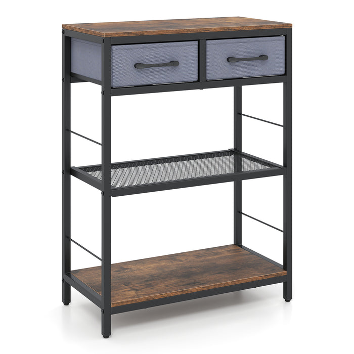 3-Tier Narrow Console Table with 2 Fabric Drawers and Open Shelves-Natrual