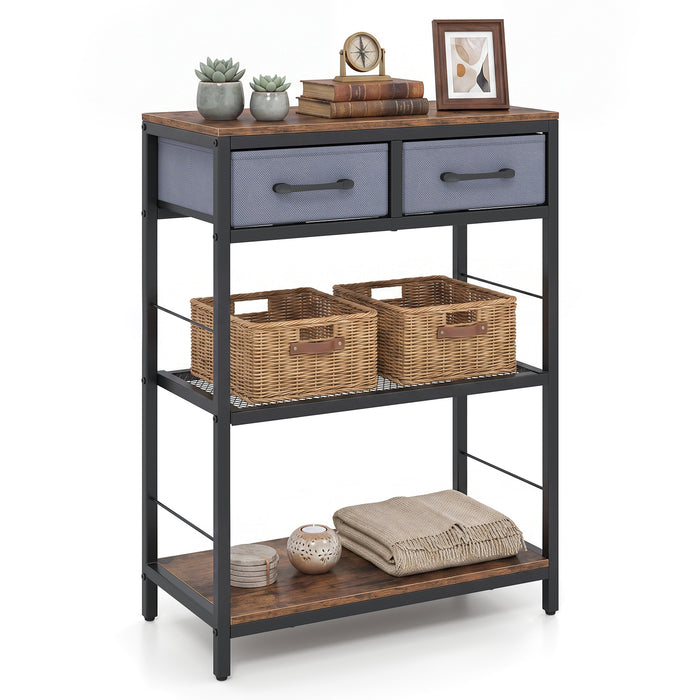 3-Tier Narrow Console Table with 2 Fabric Drawers and Open Shelves-Natrual